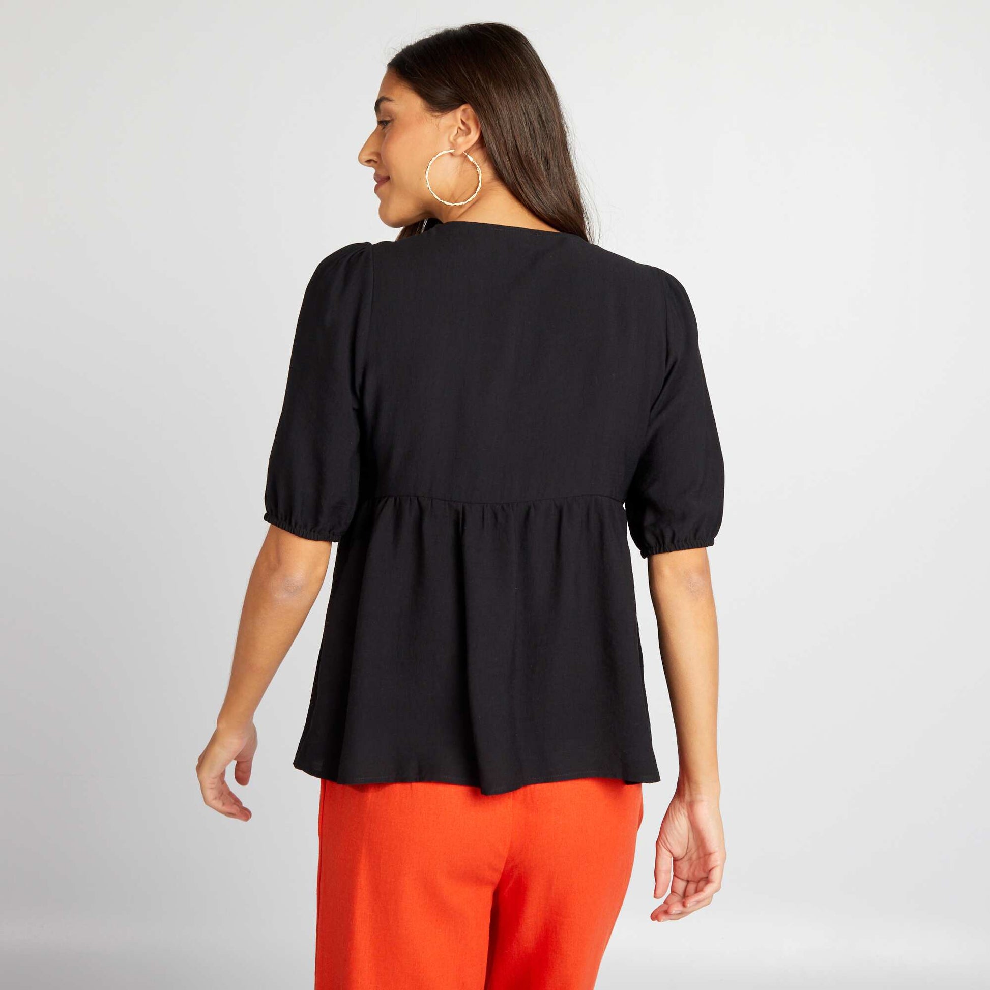 Billowy cropped blouse with bows BLACK