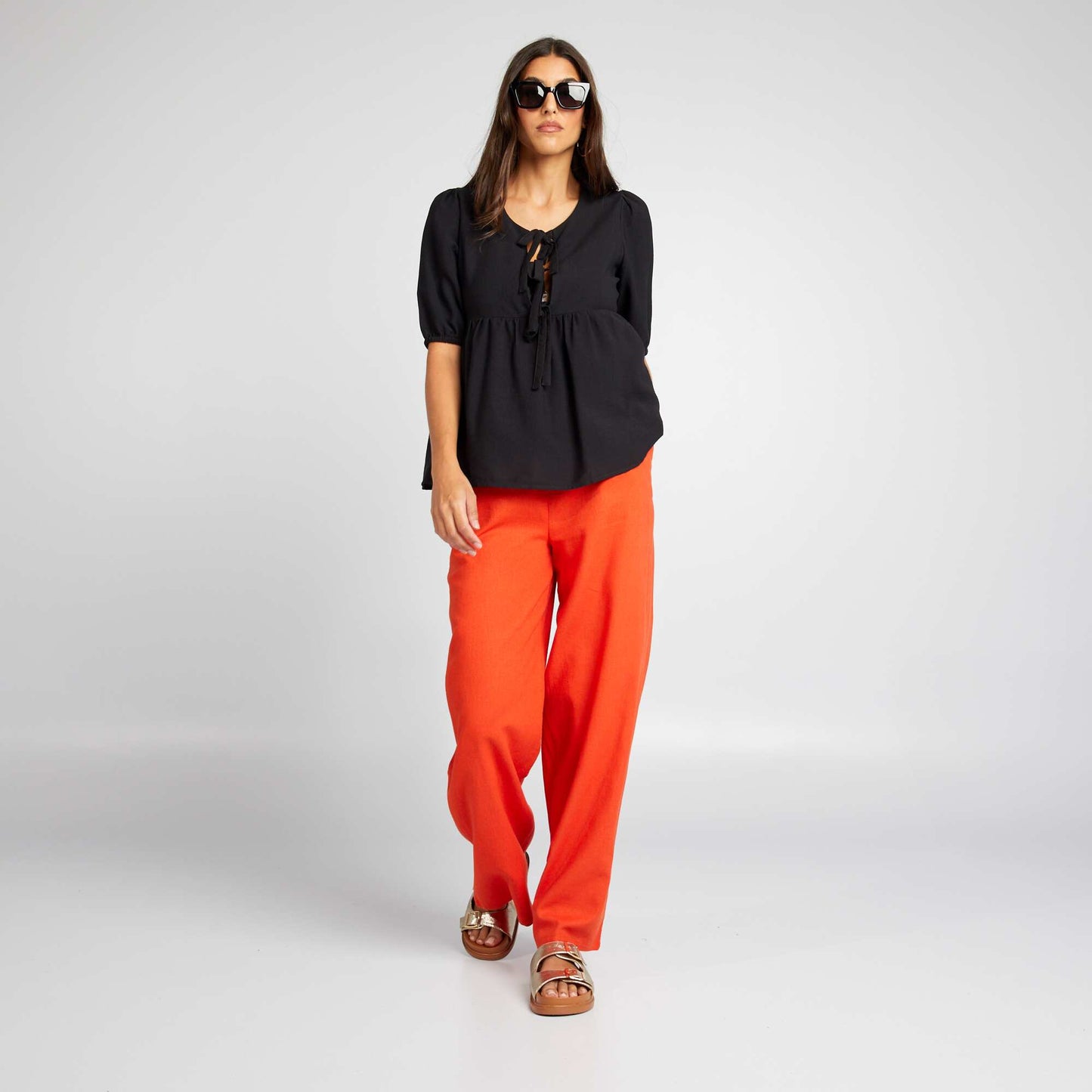 Billowy cropped blouse with bows BLACK