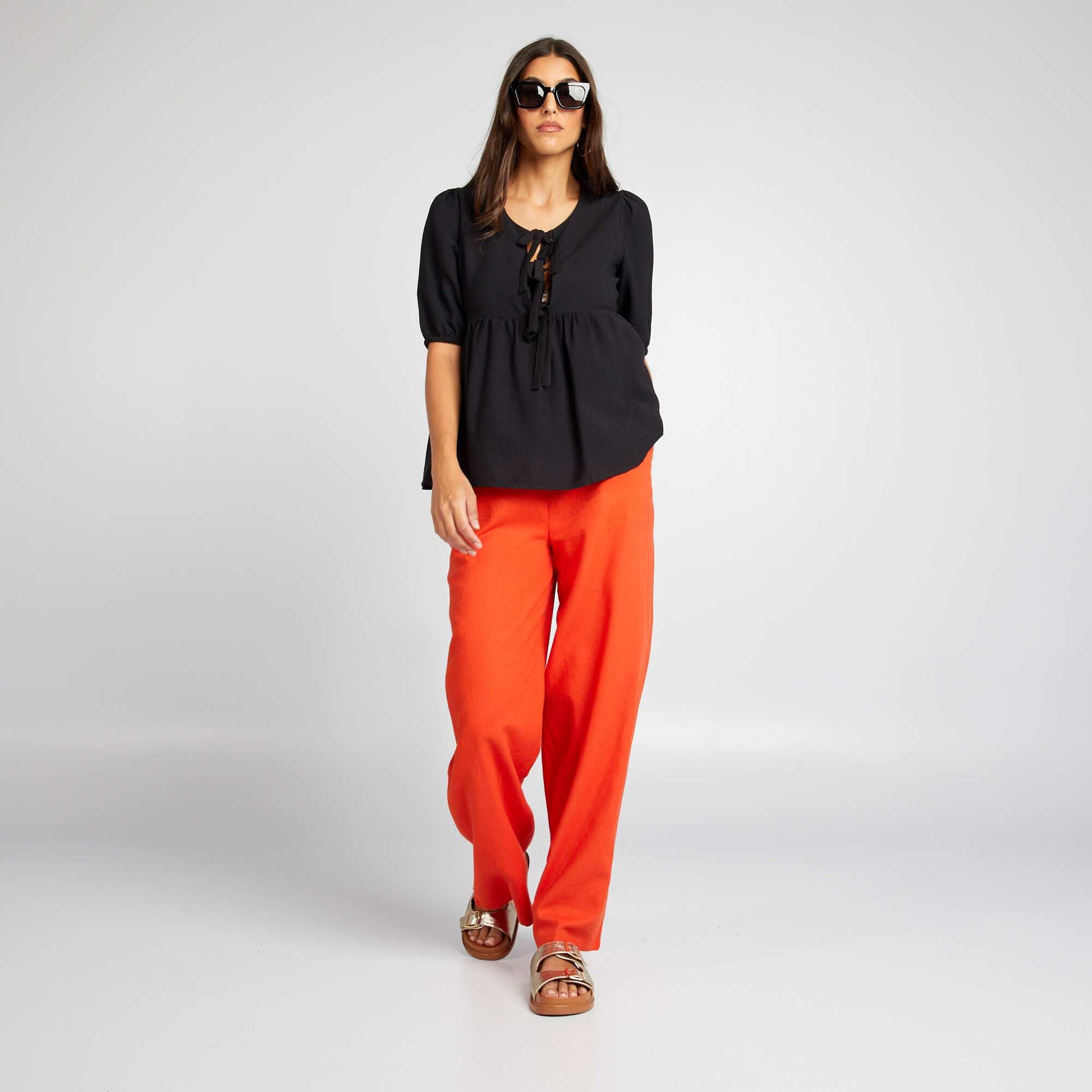 Billowy cropped blouse with bows BLACK