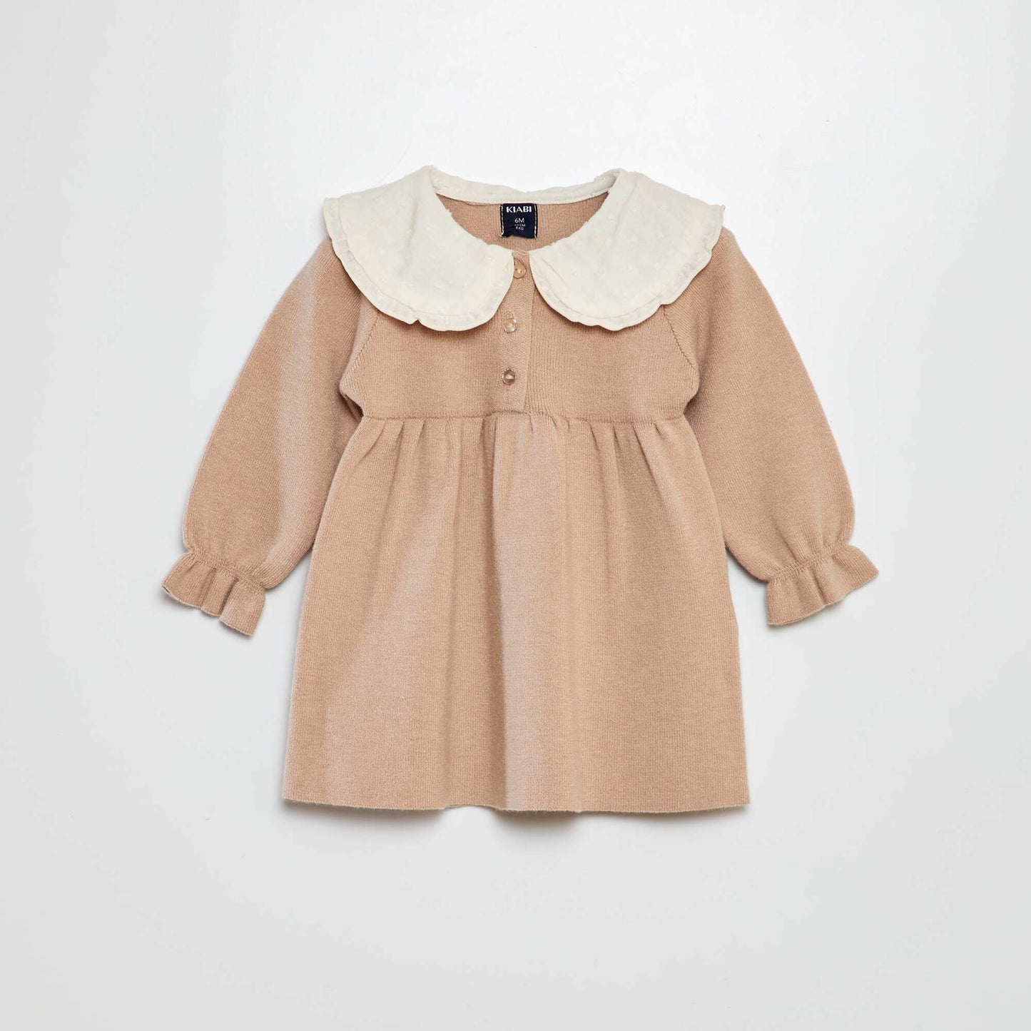 Knit dress with dotted tulle collar BEIGE