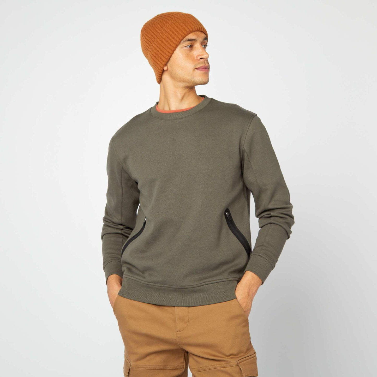 Plain piqué knit sweatshirt with zip pockets KHAKI