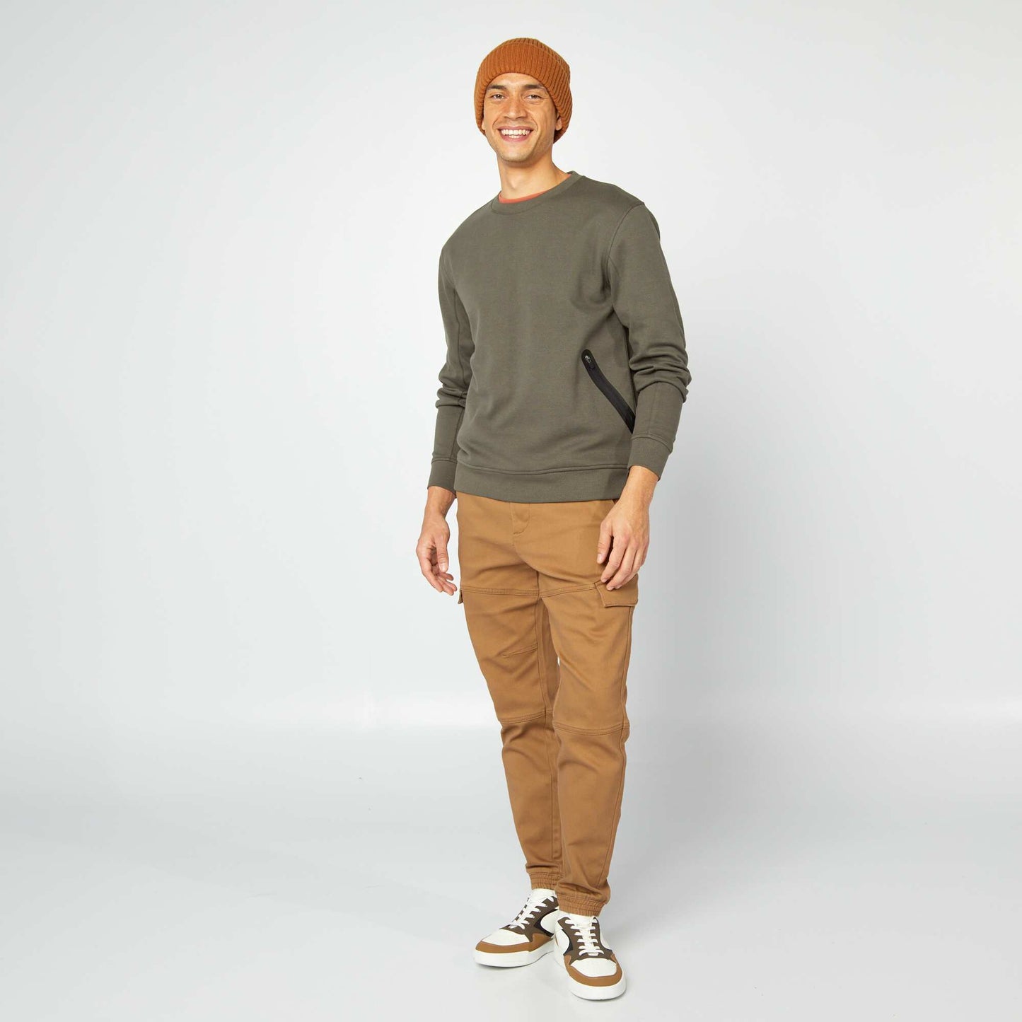 Plain piqué knit sweatshirt with zip pockets KHAKI