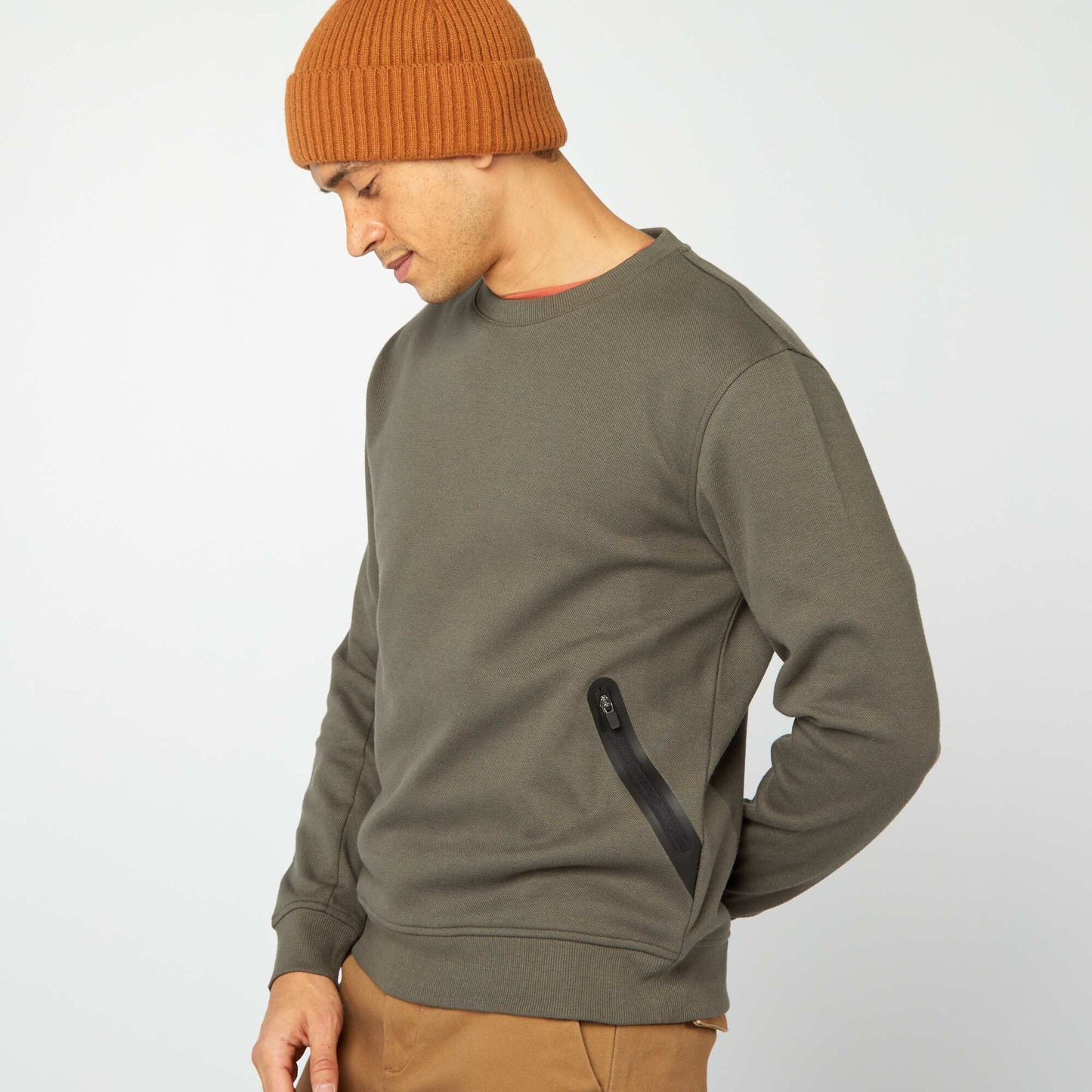 Plain piqué knit sweatshirt with zip pockets KHAKI