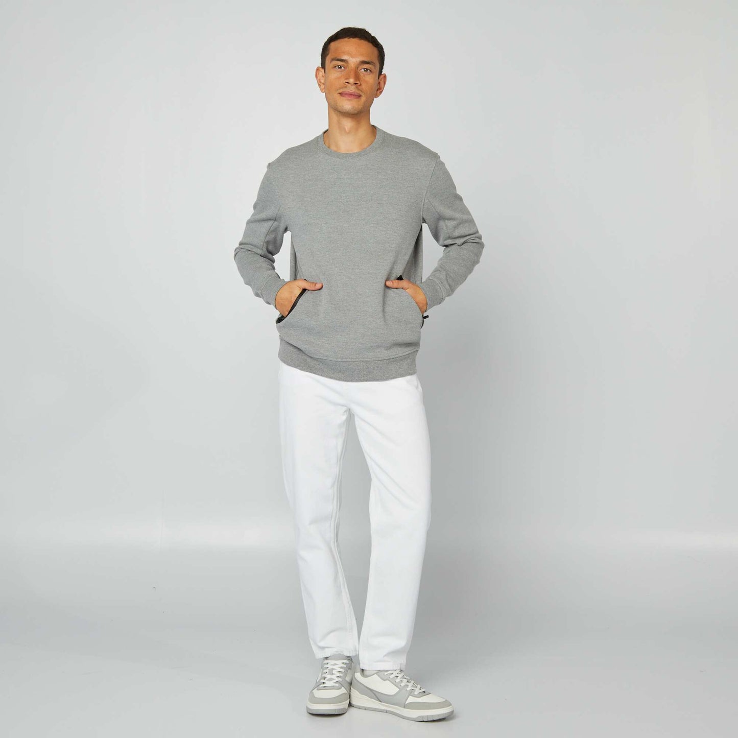 Plain piqué knit sweatshirt with zip pockets GREY