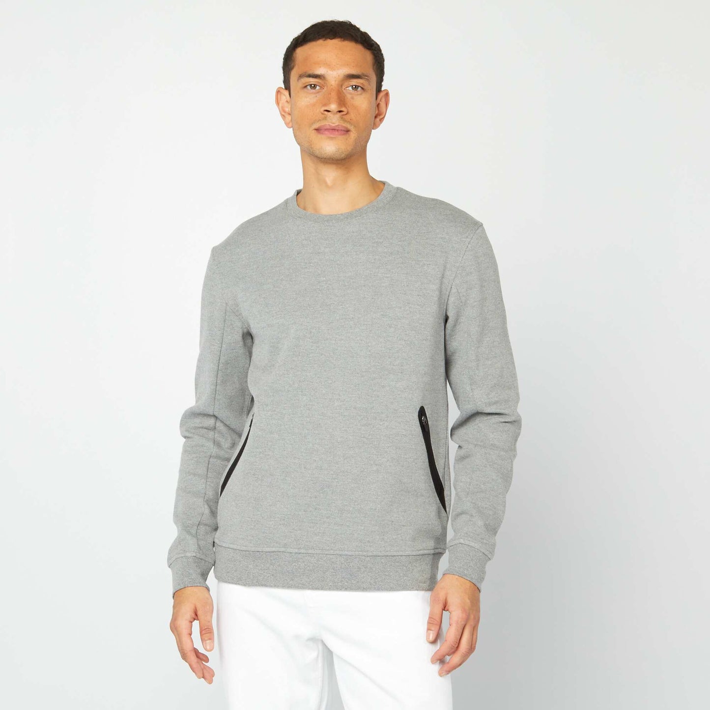 Plain piqué knit sweatshirt with zip pockets GREY