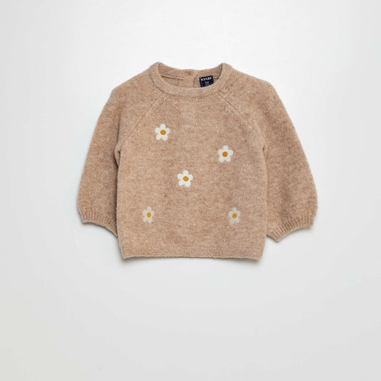 Plush knit sweater with embroidery BEIGE