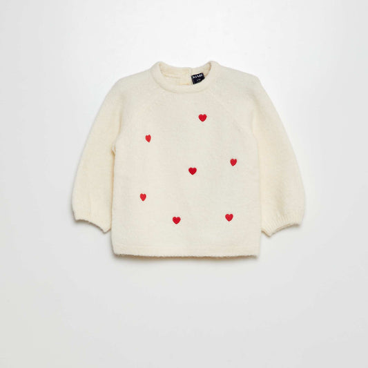 Plush knit sweater with embroidery WHITE