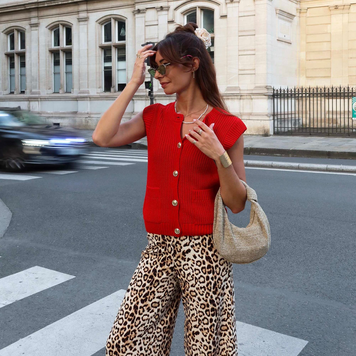 Sleeveless knitted cardigan RED