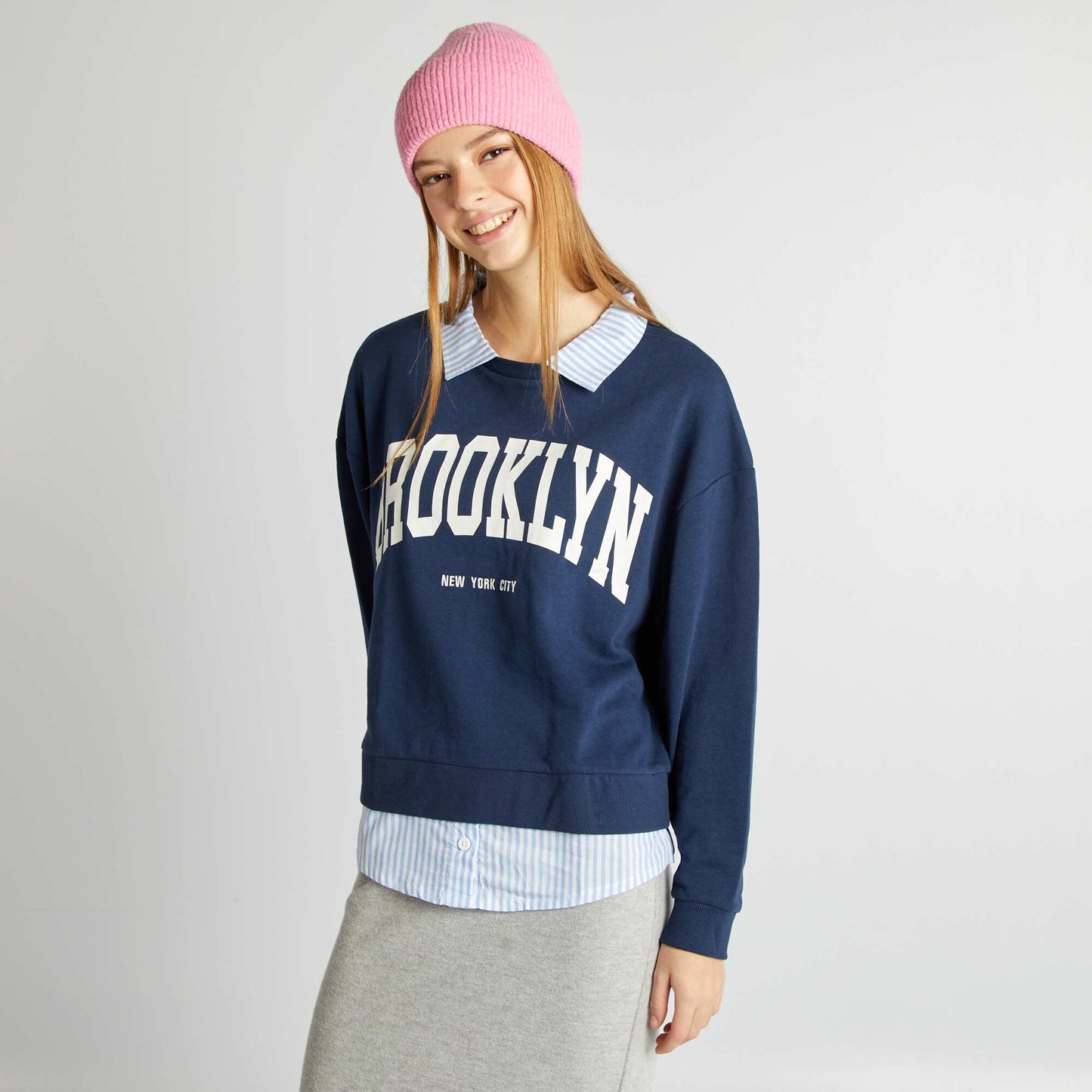 Sweatshirt with 2-in-1 effect collar and hem BLUE