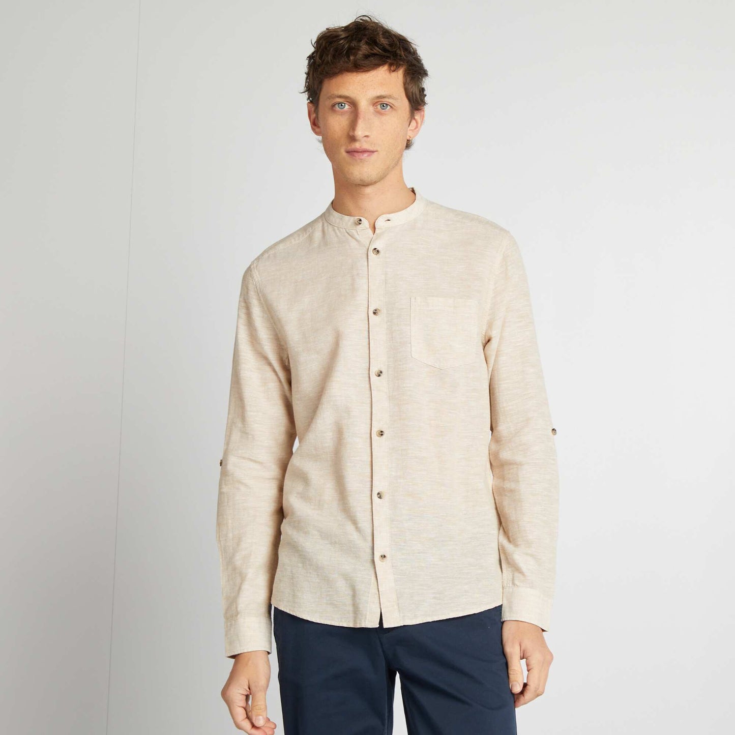 Mandarin collar shirt with linen BEIGE