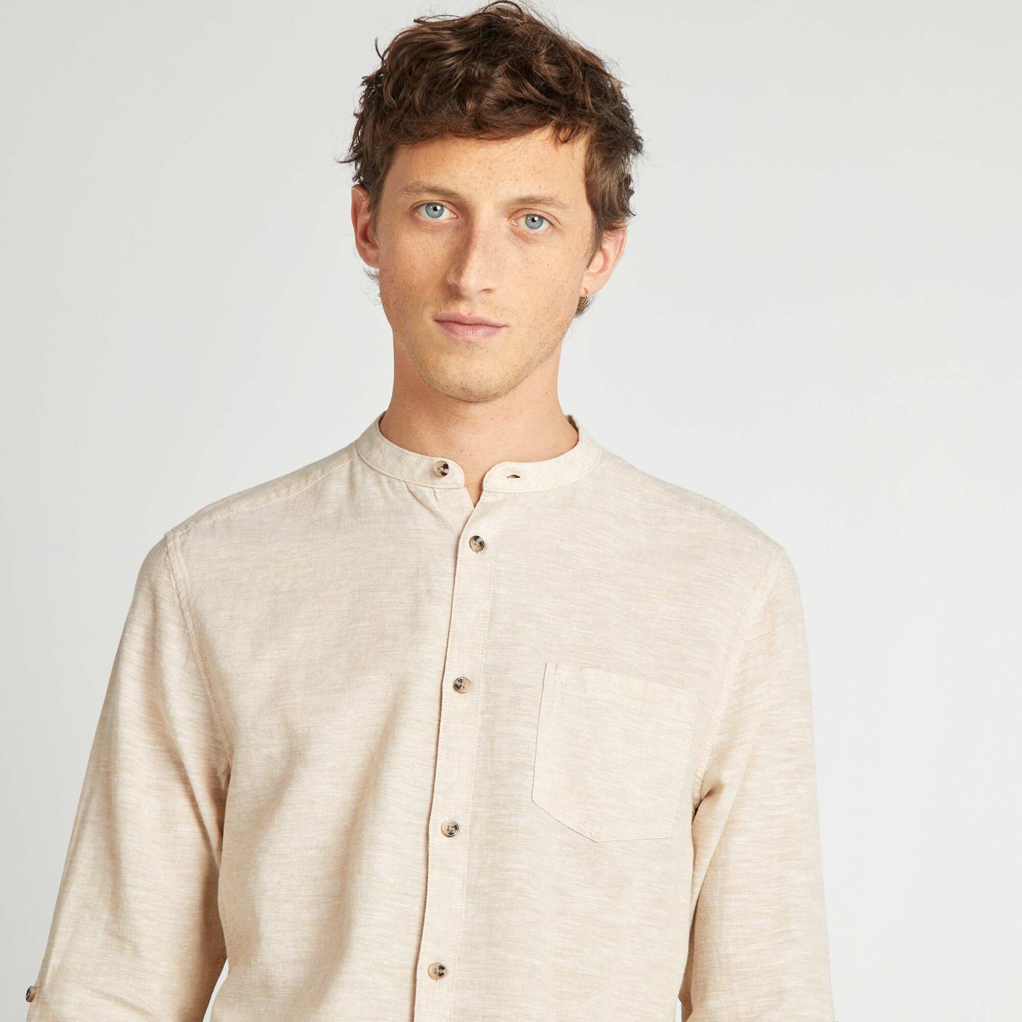 Mandarin collar shirt with linen BEIGE