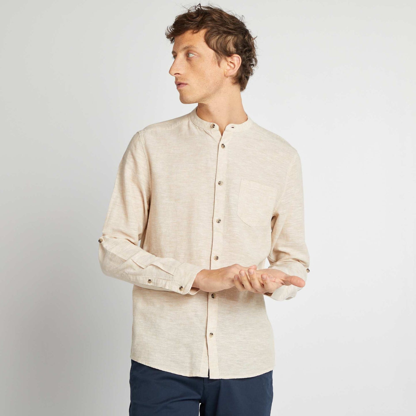 Mandarin collar shirt with linen BEIGE