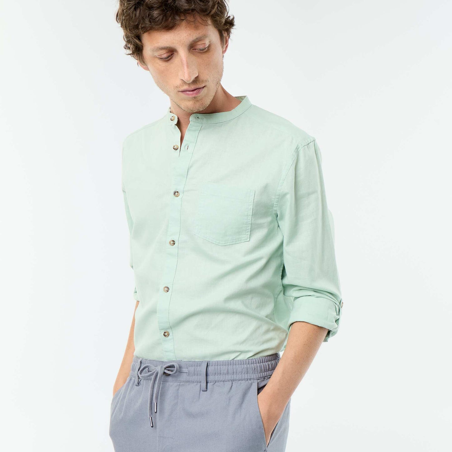 Mandarin collar shirt with linen GREEN