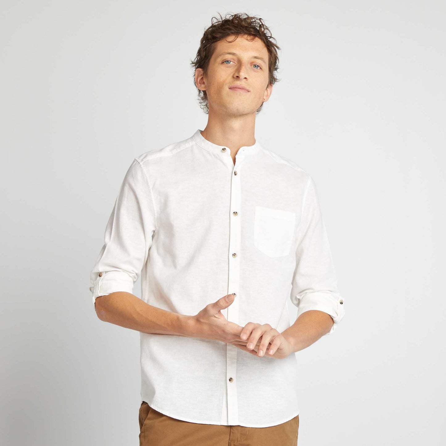 Mandarin collar shirt with linen WHITE