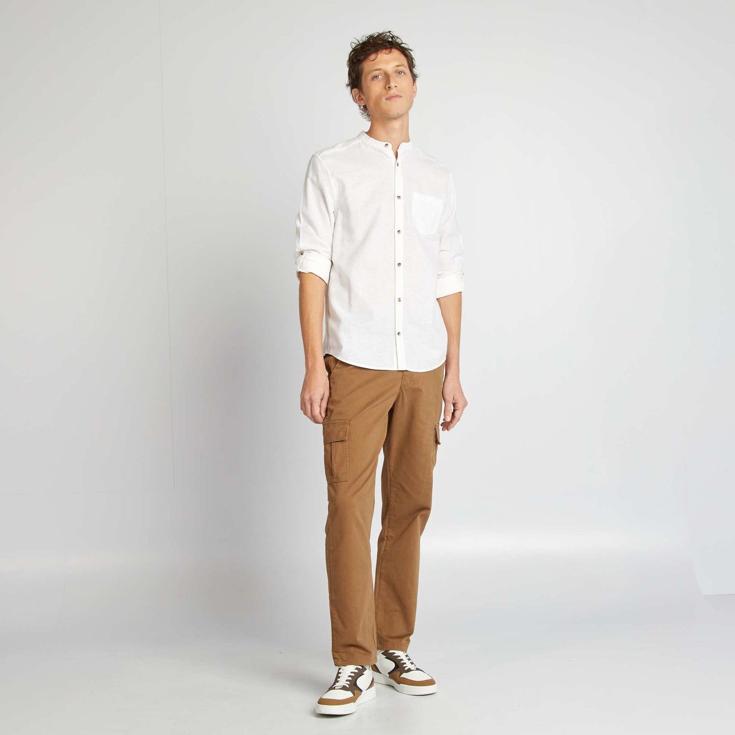 Mandarin collar shirt with linen WHITE