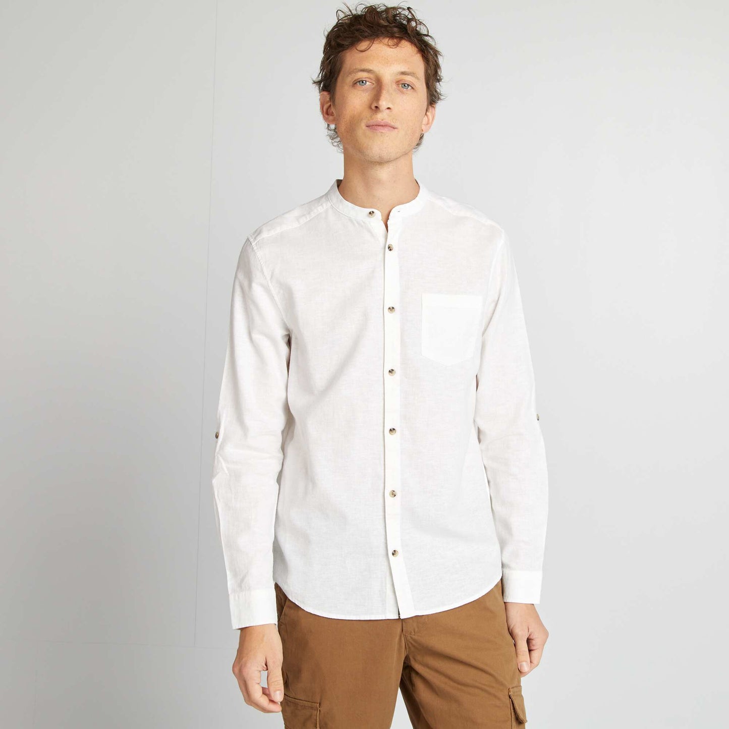 Mandarin collar shirt with linen WHITE