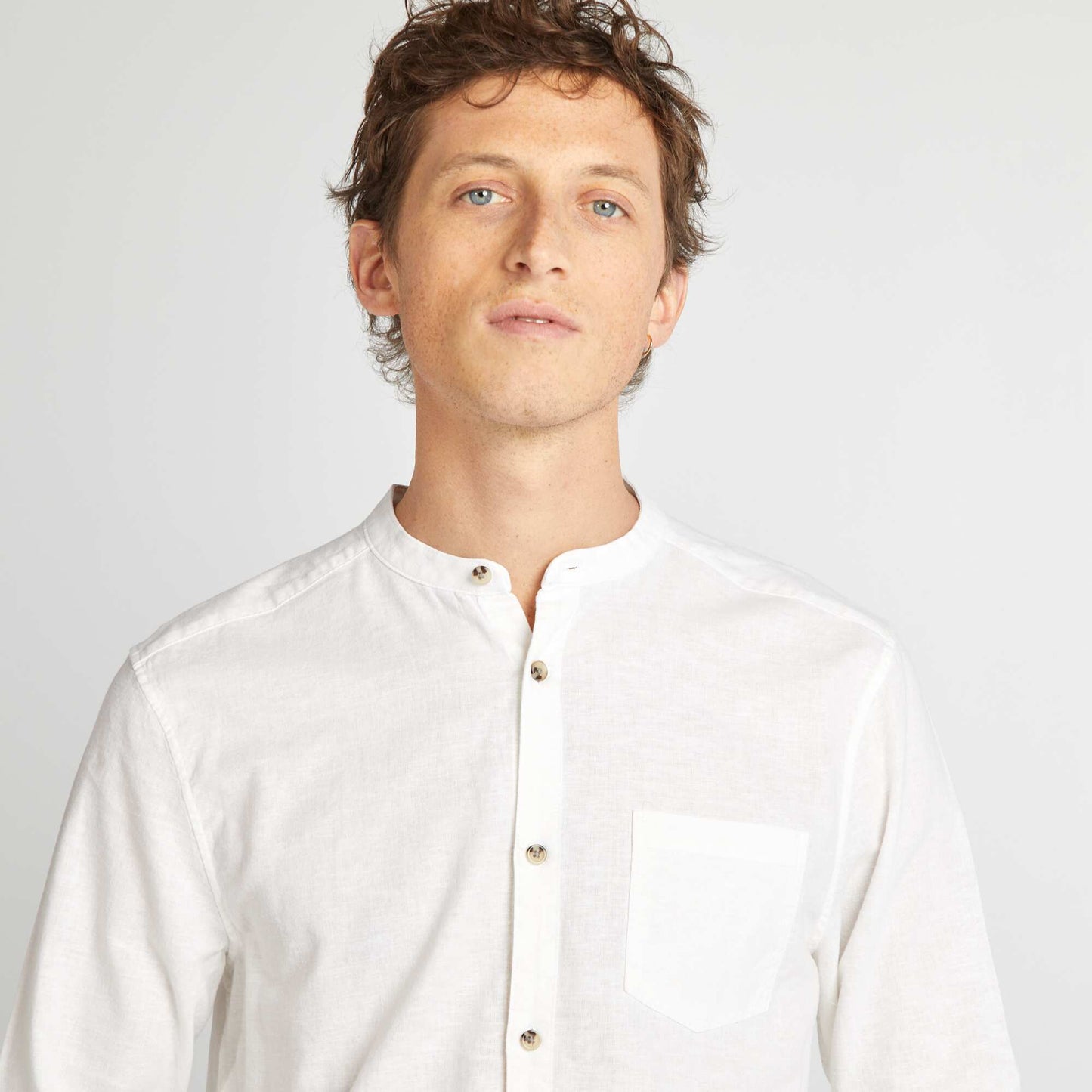 Mandarin collar shirt with linen WHITE