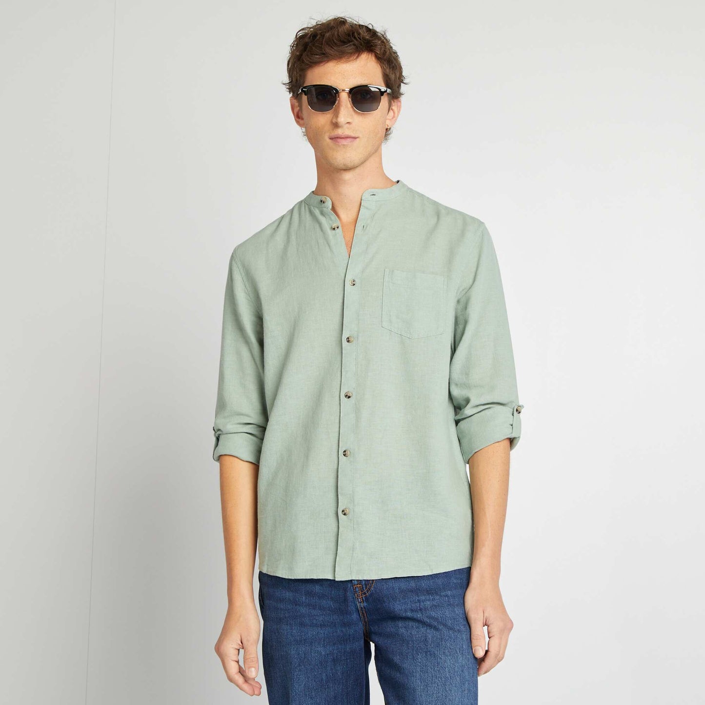 Mandarin collar shirt with linen GREEN