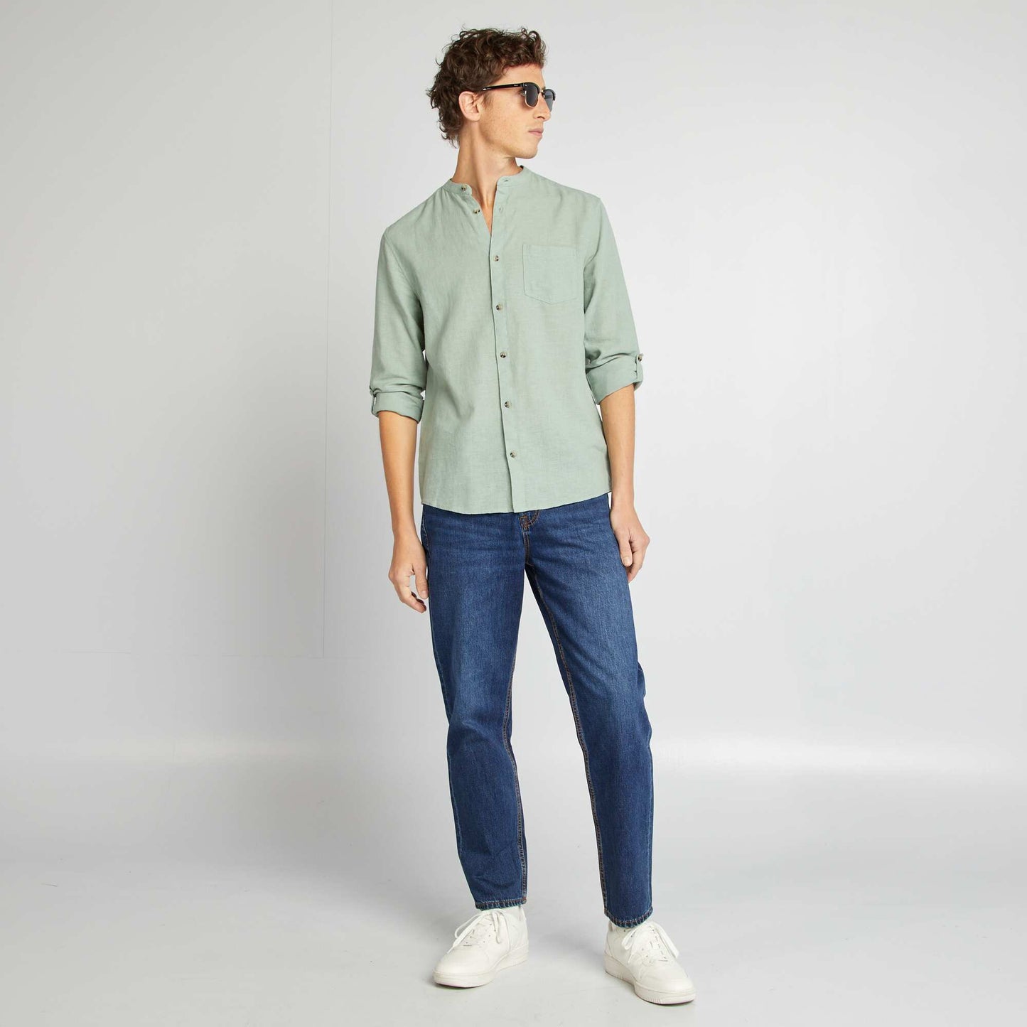 Mandarin collar shirt with linen GREEN