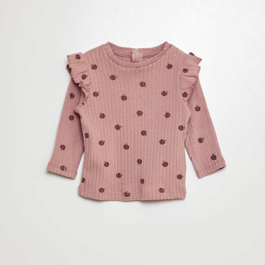 Ribbed T-shirt with long sleeves and frills around the arms PINK