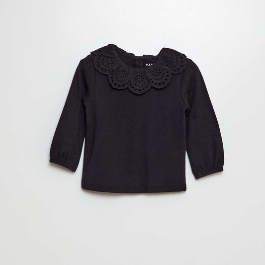 Pointelle knit T-shirt with broderie anglaise Peter Pan collar black