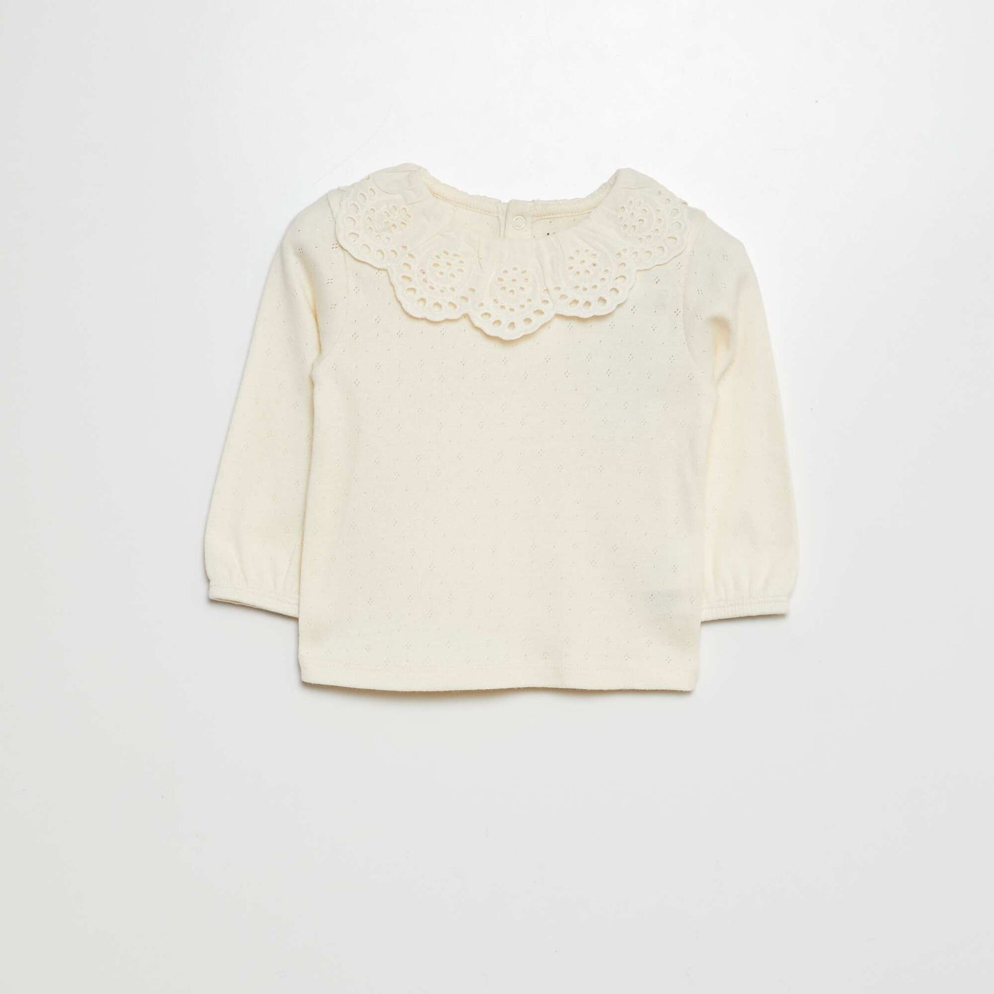 Pointelle knit T-shirt with broderie anglaise Peter Pan collar WHITE