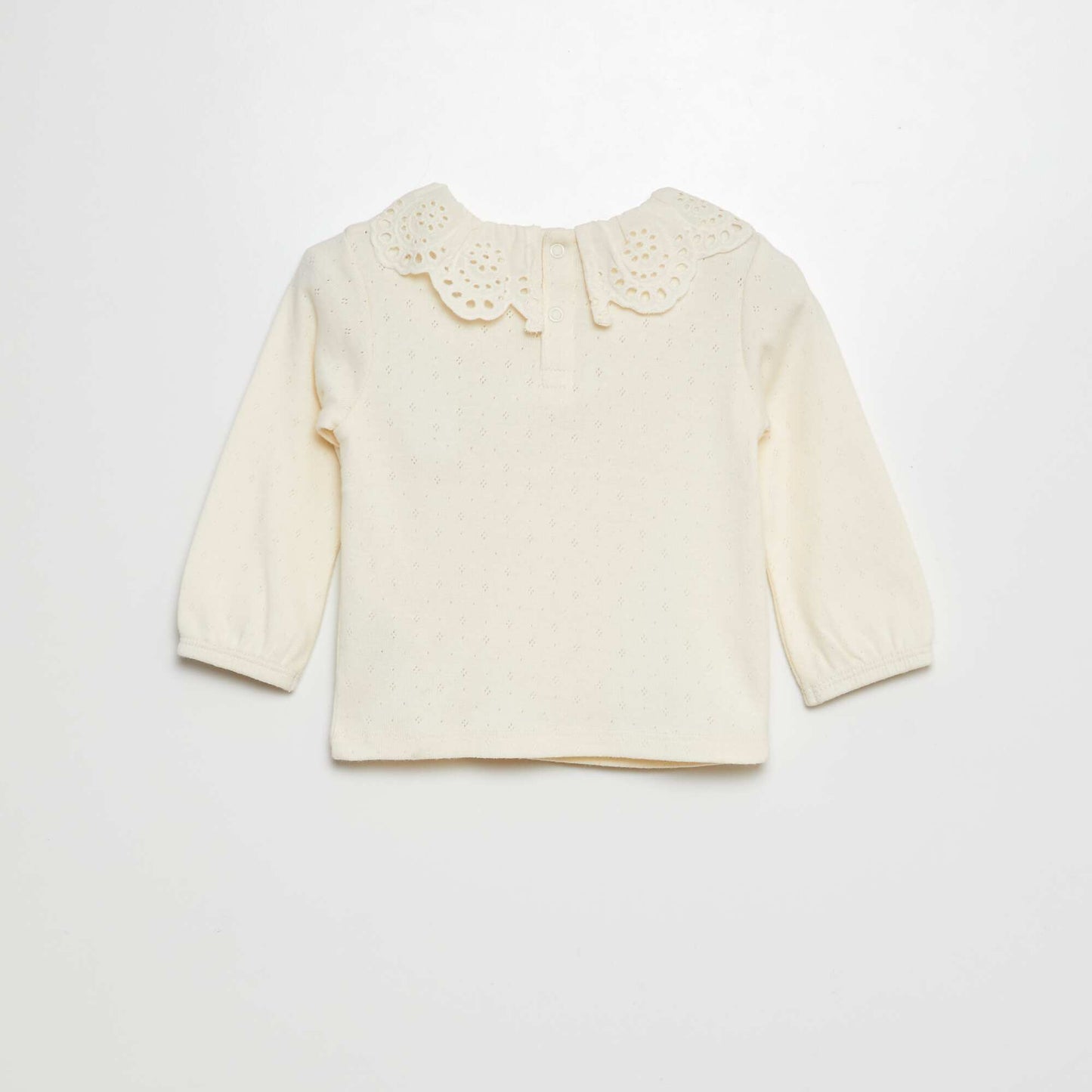 Pointelle knit T-shirt with broderie anglaise Peter Pan collar WHITE