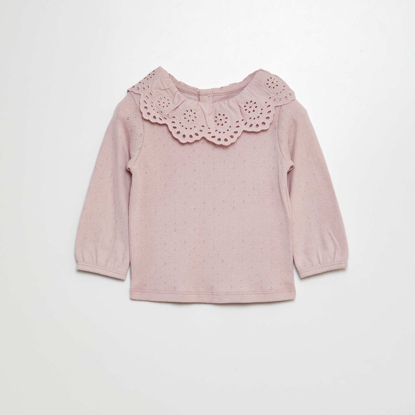 Pointelle knit T-shirt with broderie anglaise Peter Pan collar PURPLE