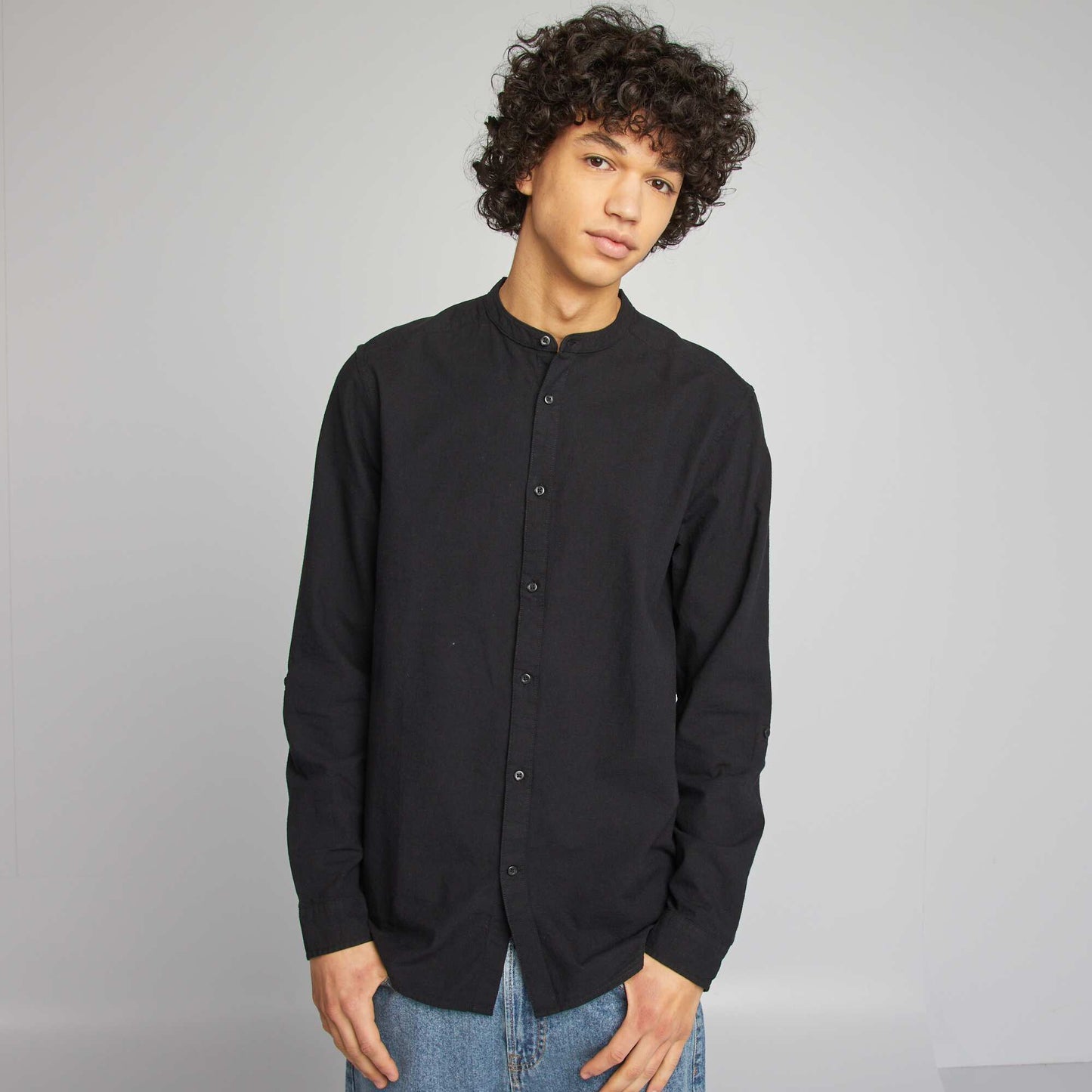 Plain shirt with Henley collar BLACK