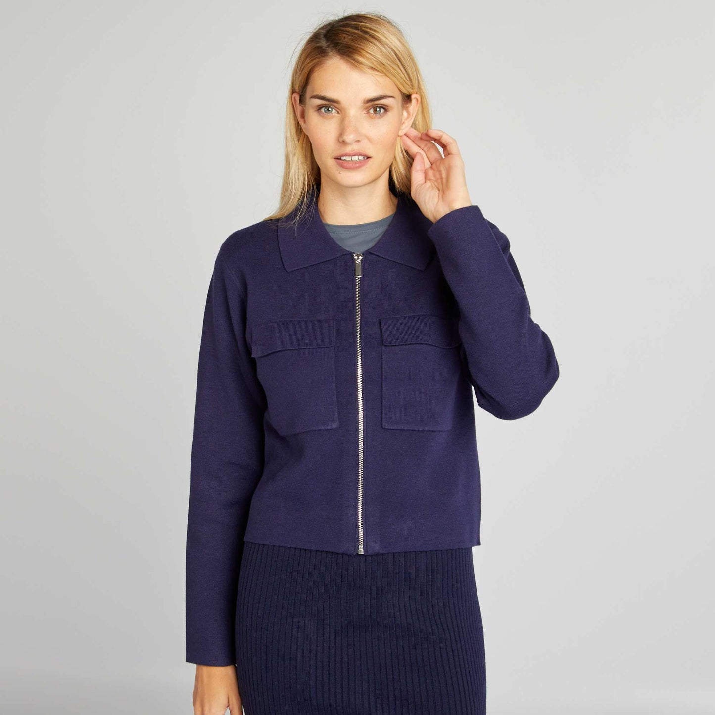 Zip-up polo neck cardigan BLUE