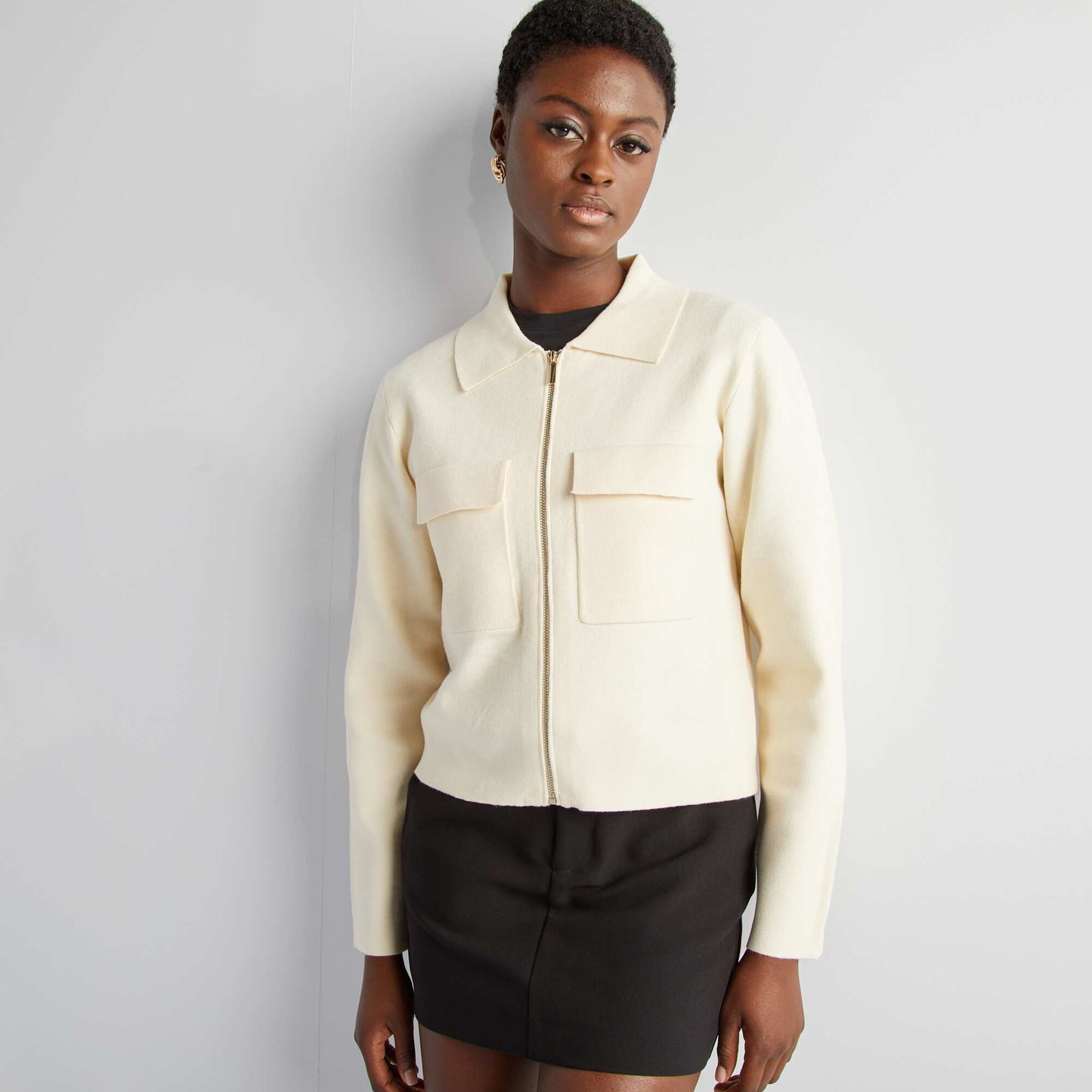 Zip-up polo neck cardigan BEIGE