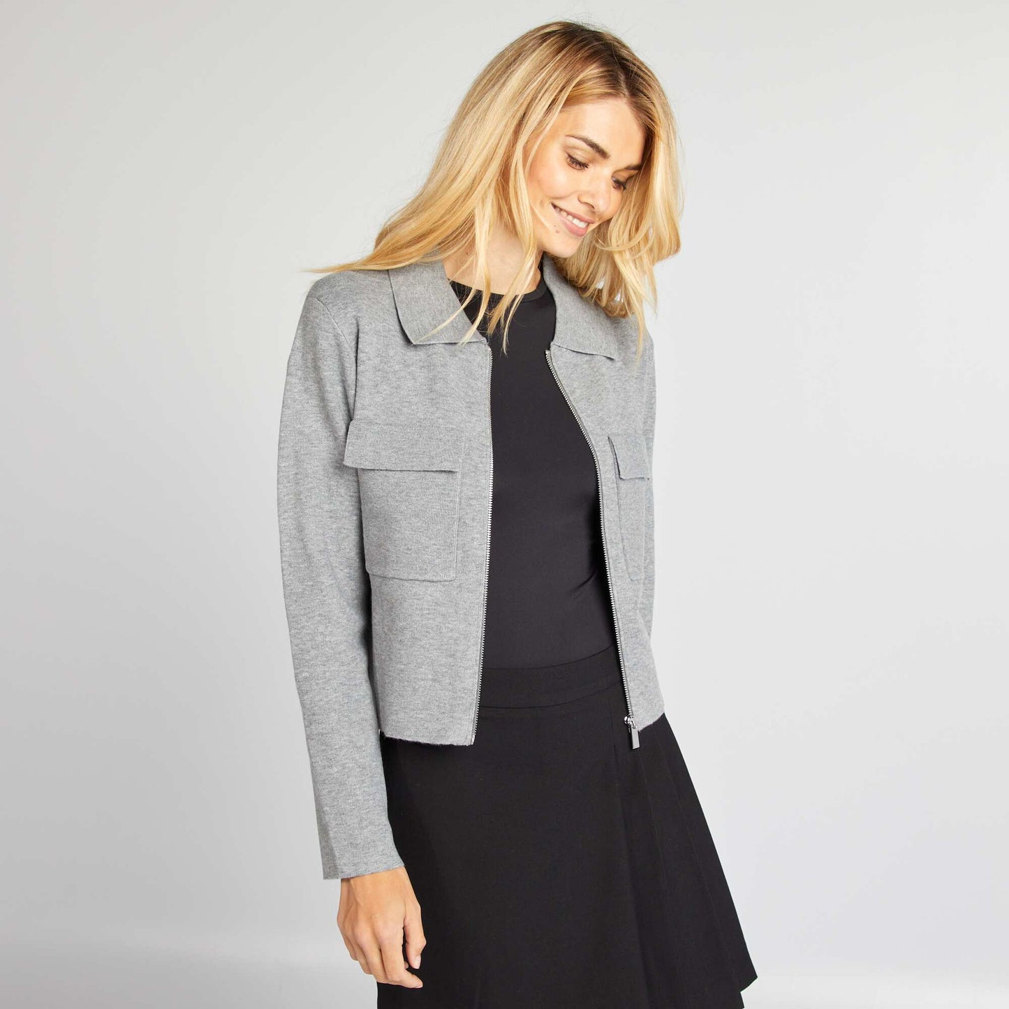 Zip-up polo neck cardigan GREY