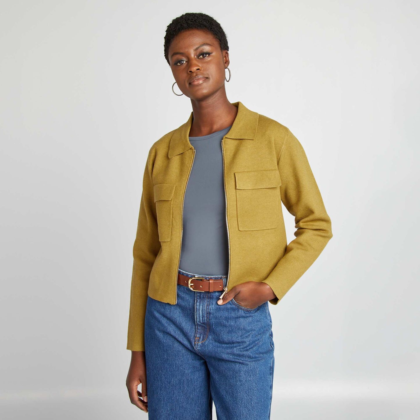 Zip-up polo neck cardigan KHAKI