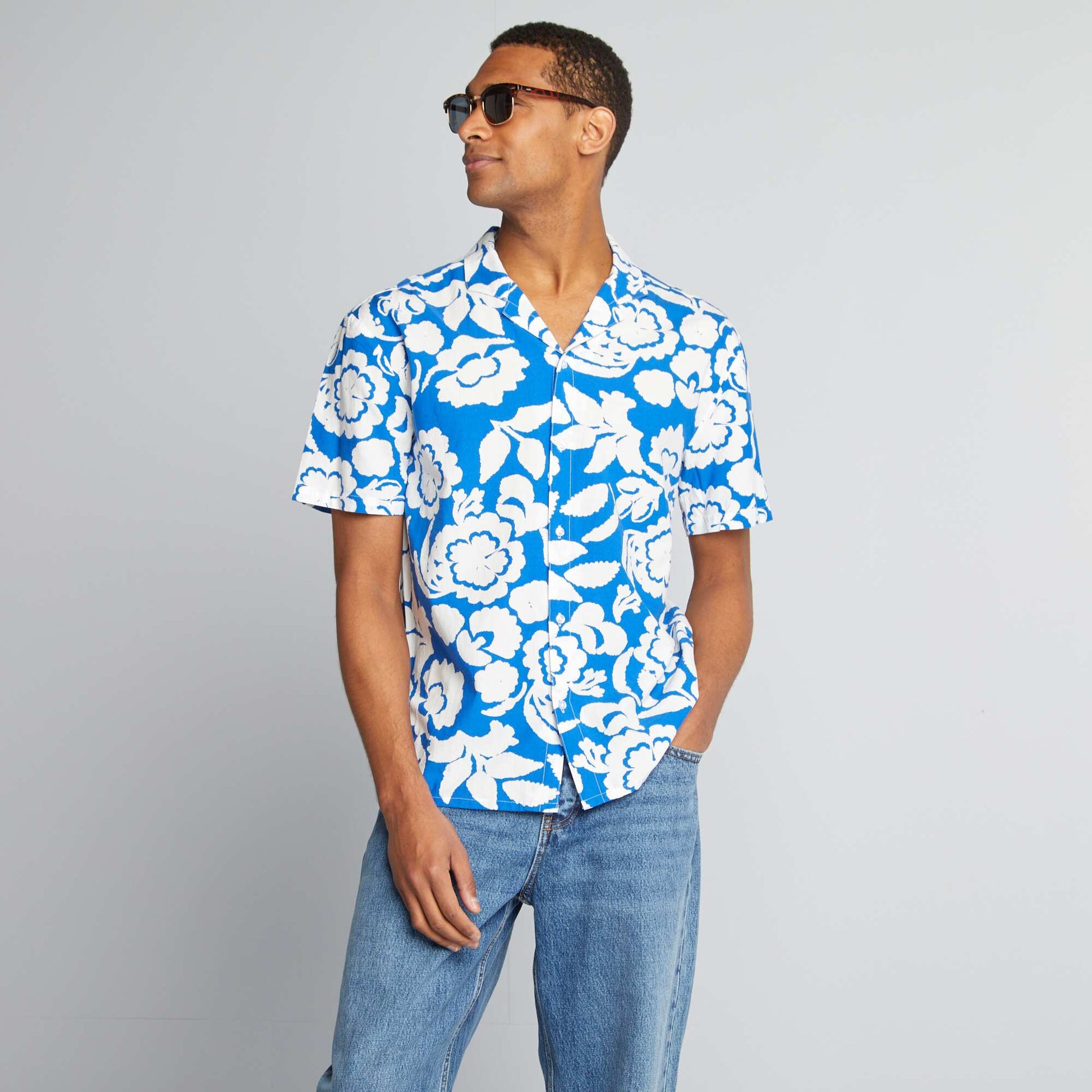 Short-sleeved floral patterned shirt BLUE