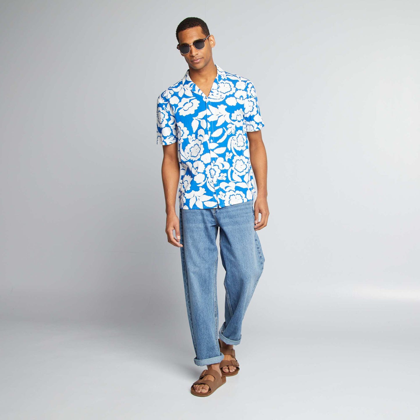 Short-sleeved floral patterned shirt BLUE