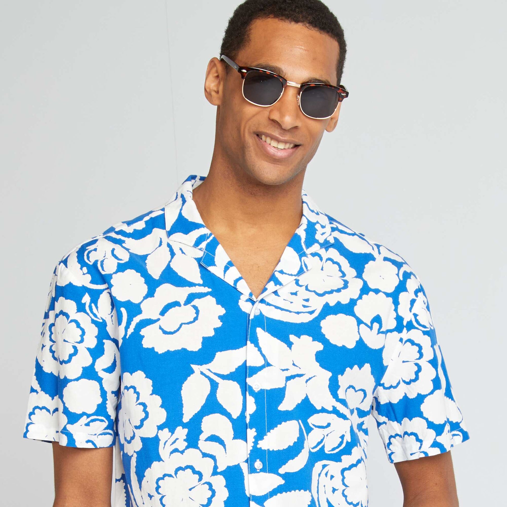 Short-sleeved floral patterned shirt BLUE