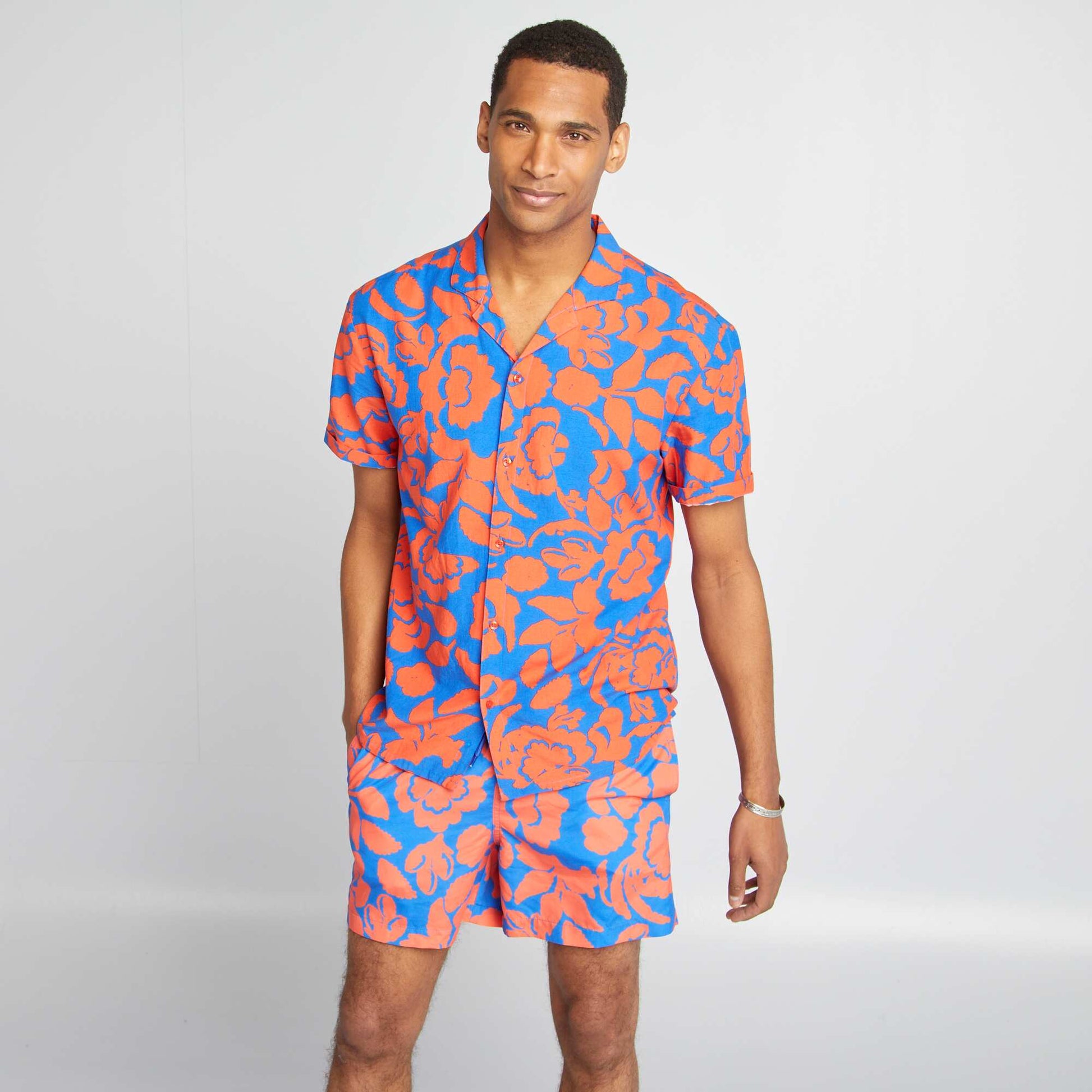 Short-sleeved floral patterned shirt BLUE