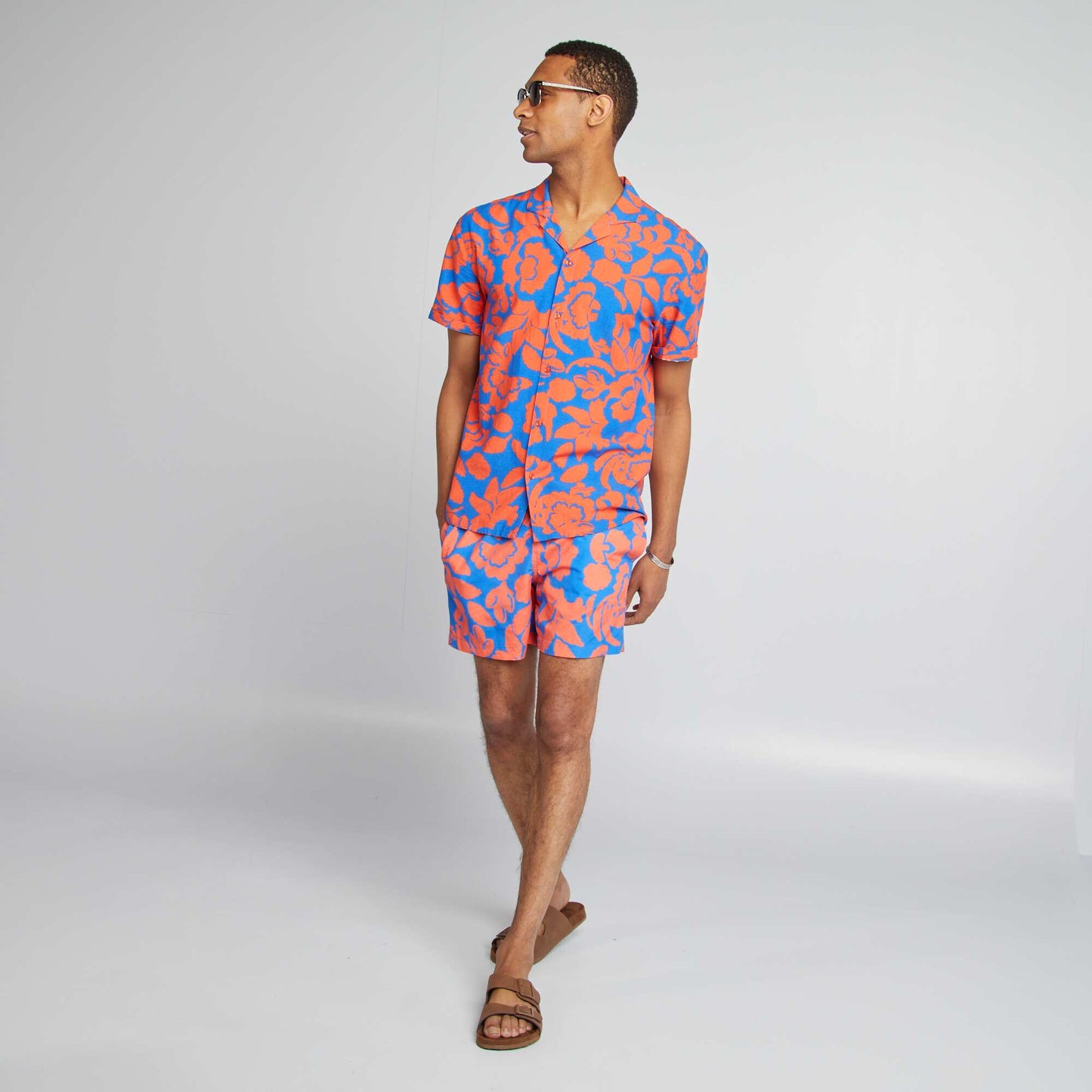 Short-sleeved floral patterned shirt BLUE
