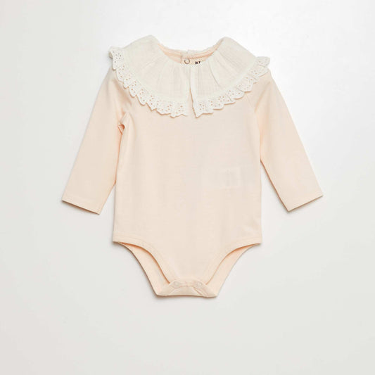 Bodysuit with double cotton gauze and broderie anglaise collar PINK