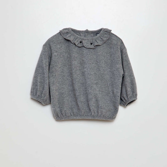 Plush knit sweater with ruffled collar GREY