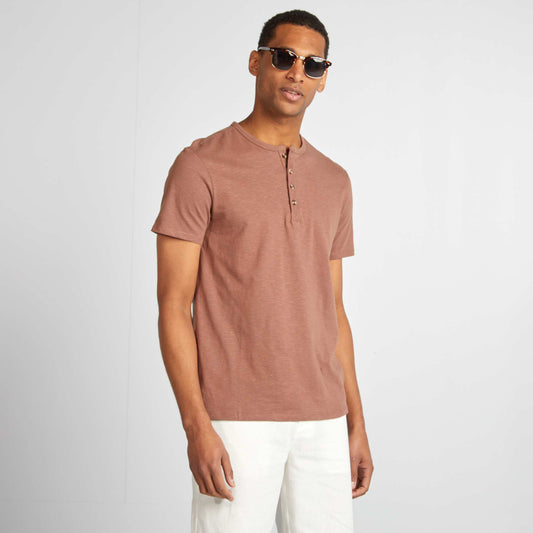 Jersey T-shirt with grandad collar BROWN