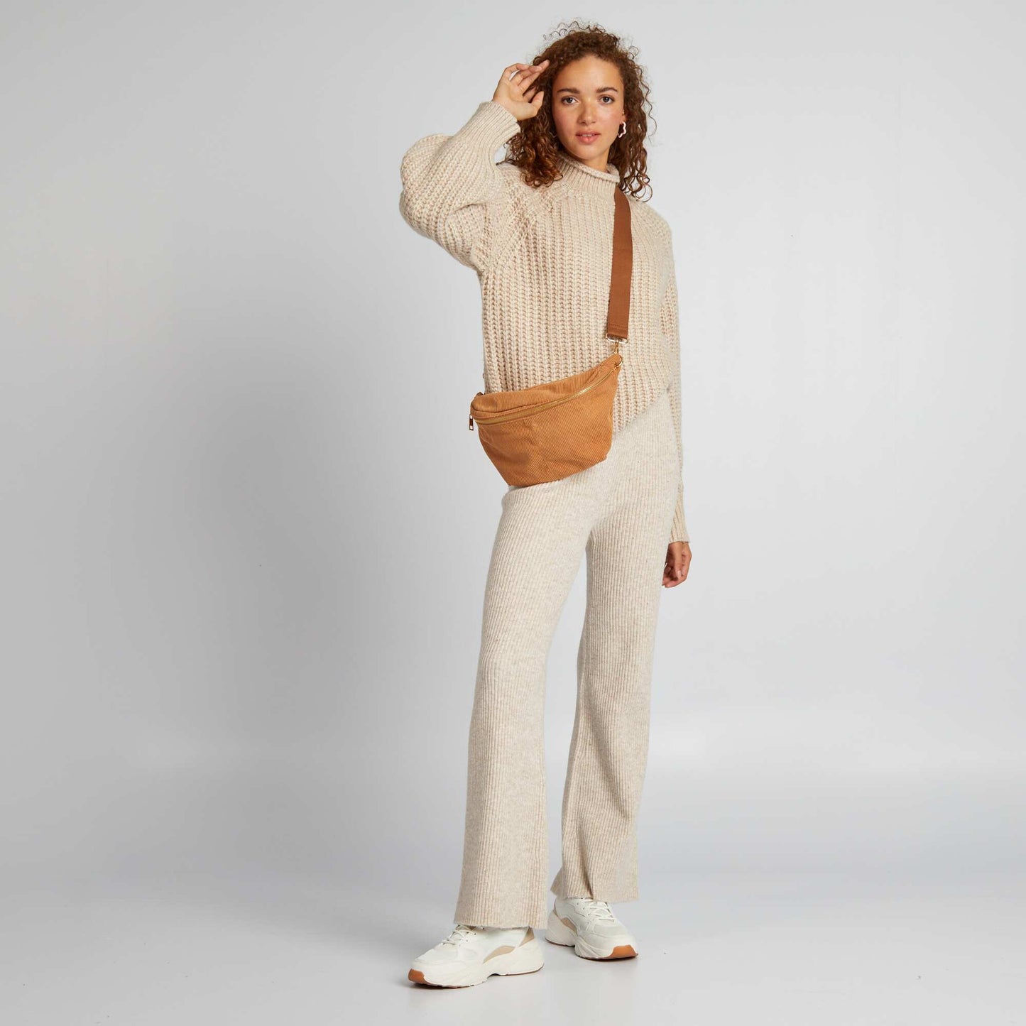 Wide-leg chunky knit trousers BEIGE