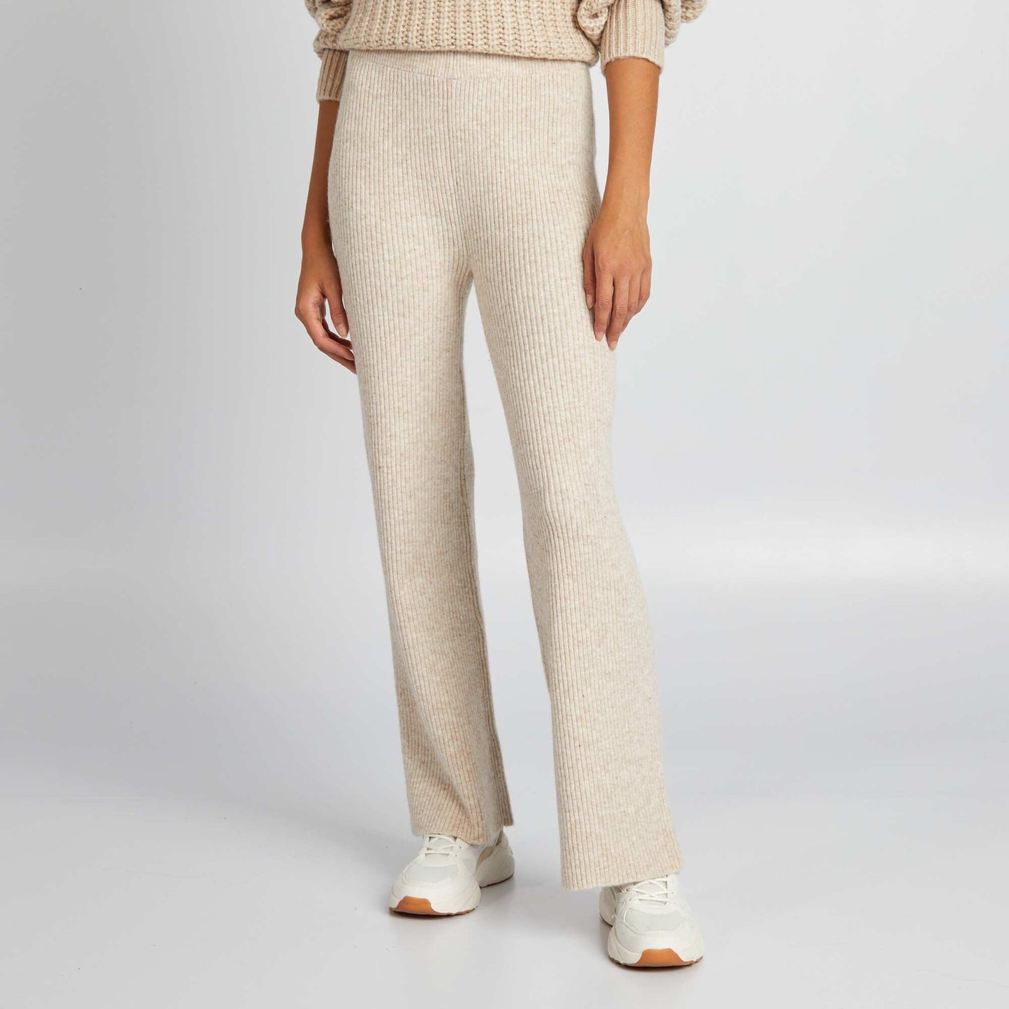 Wide-leg chunky knit trousers BEIGE