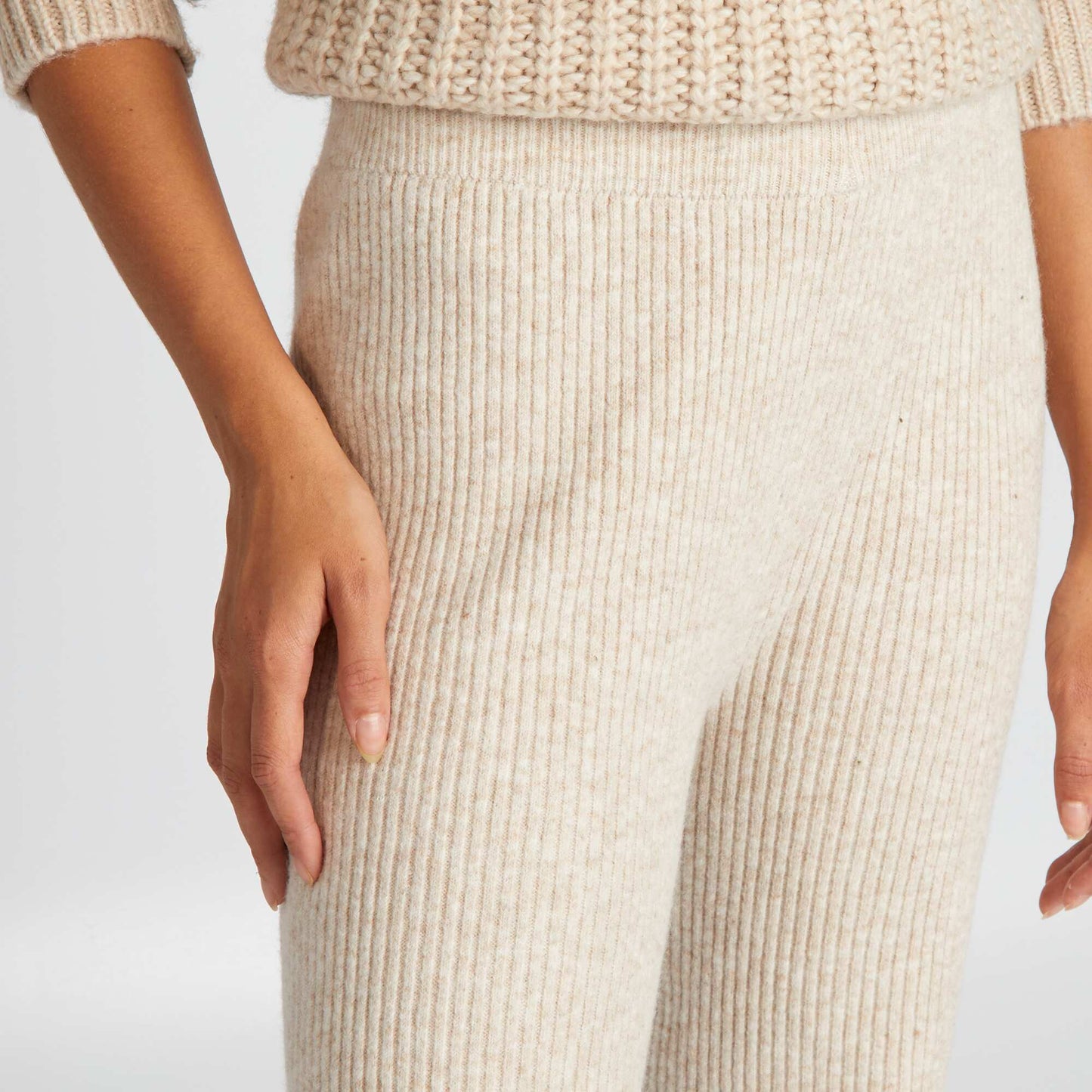 Wide-leg chunky knit trousers BEIGE