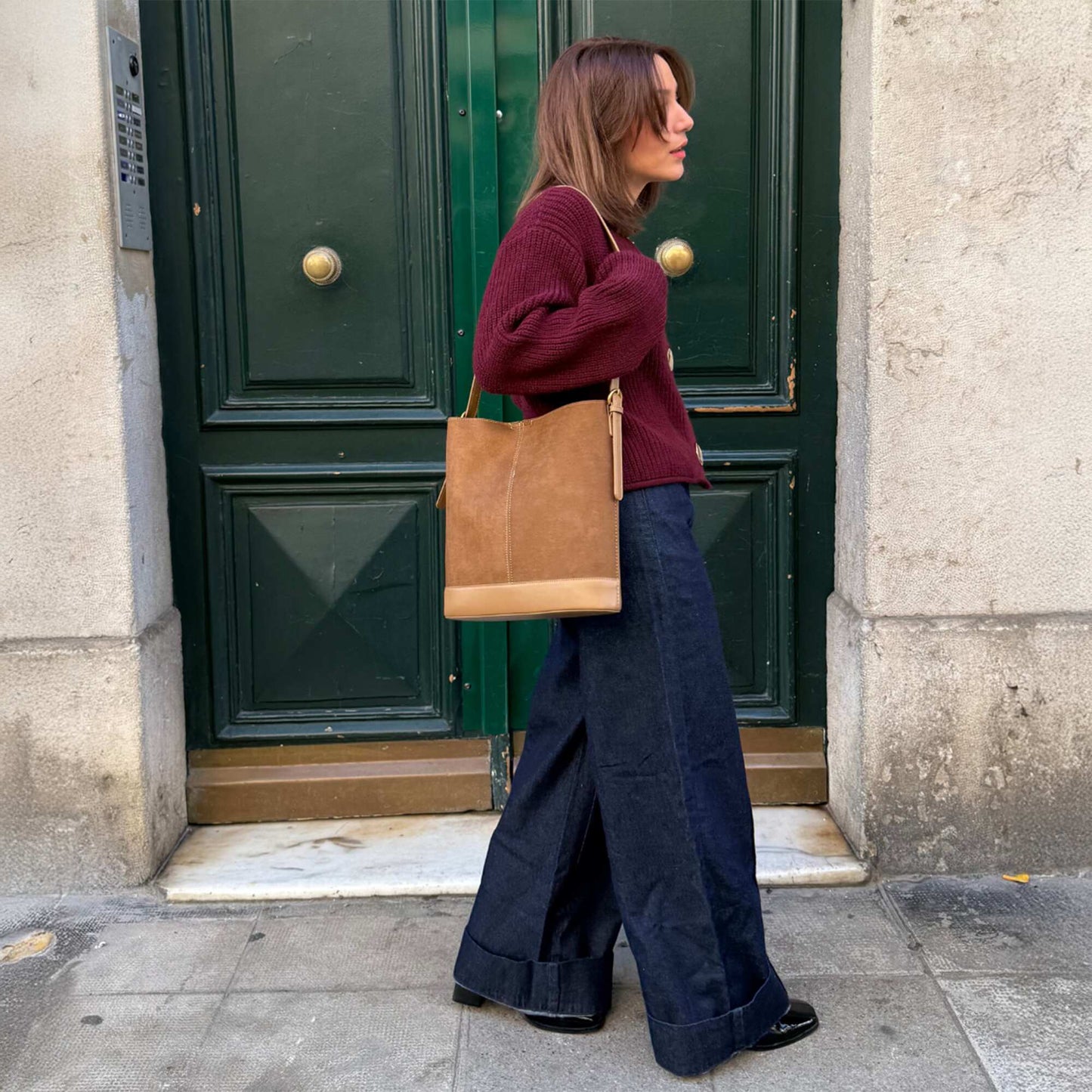 Dual-fabric bucket bag BROWN