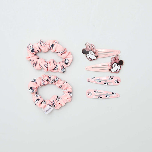 Pack of 2 Minnie Mouse scrunchies and 4 hair clips PINK