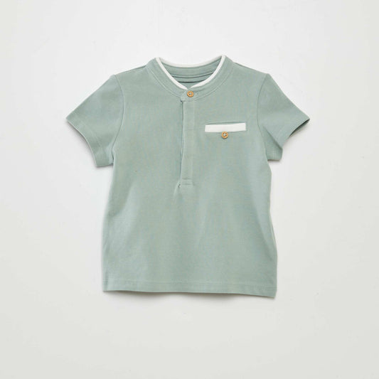 Cotton piqué polo shirt with mandarin collar GREEN