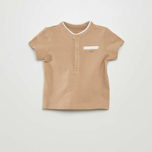 Cotton piqué polo shirt with mandarin collar BEIGE