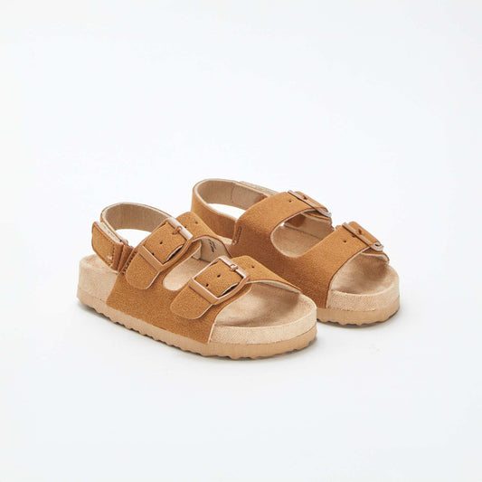 Adjustable suedette mules with hook-and-loop fastening BROWN