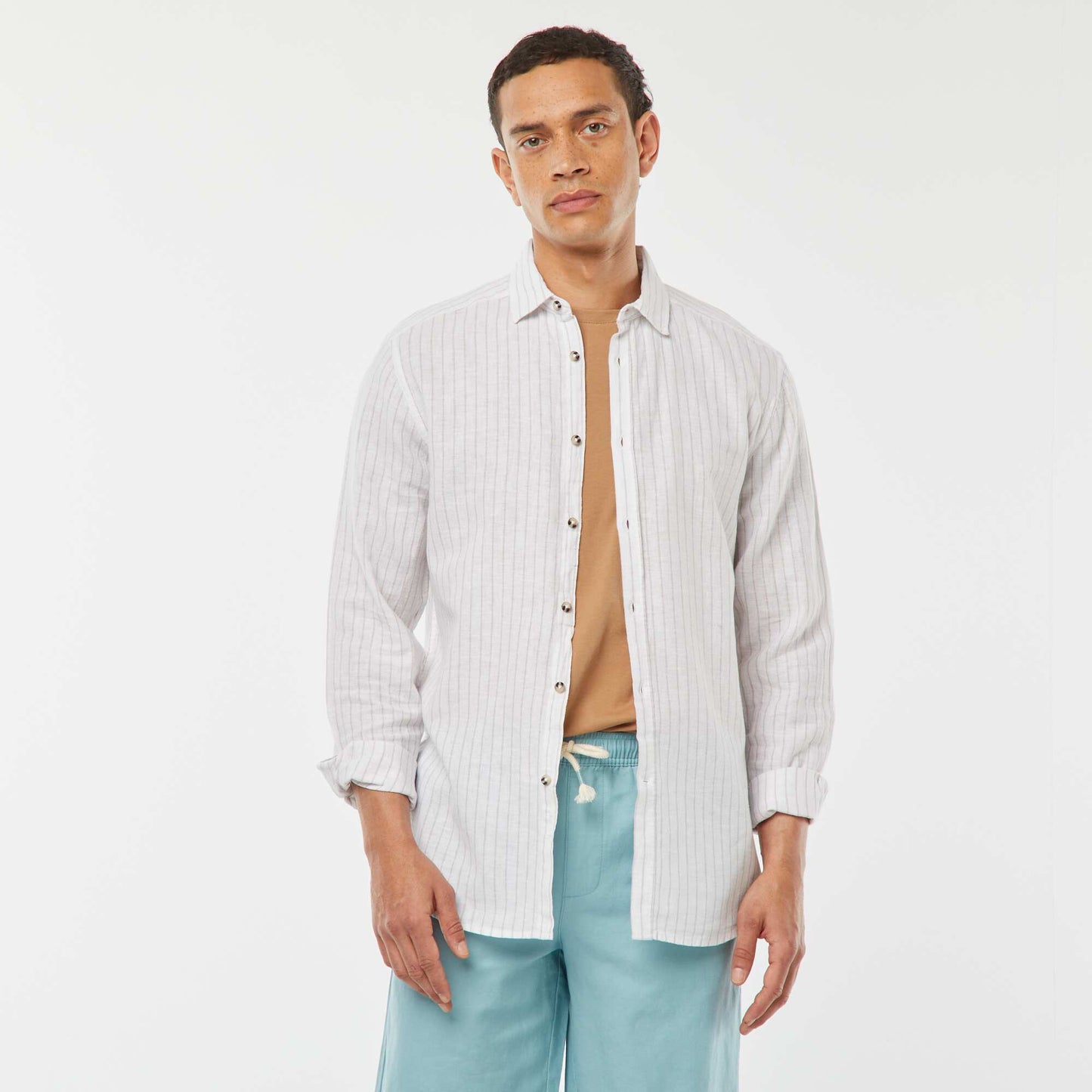 Striped linen-blend shirt BEIGE